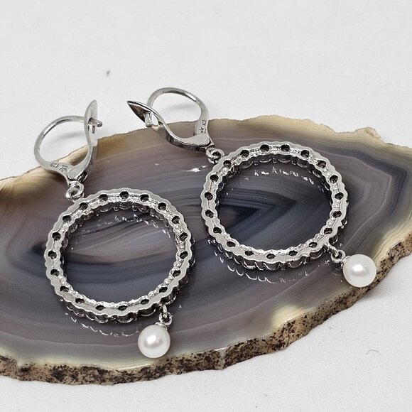 Premier Designs 925 Sterling Silver CZ Crystal Pearl Dangle Earrings Circle - Picture 7 of 12